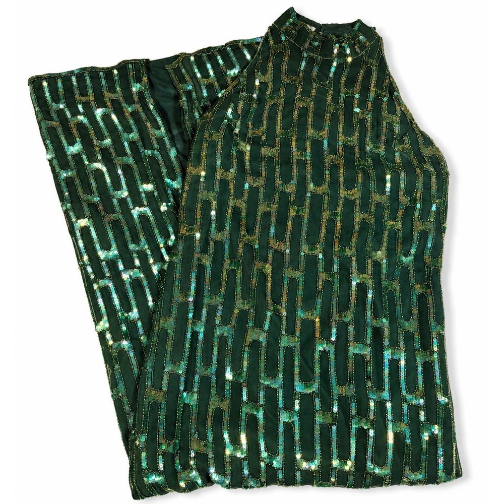 Scala Dress Womens PXL Green Beaded Sequin High Neck Maxi Formal Evening Gown